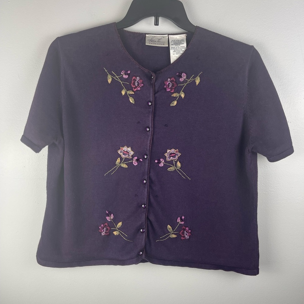 Kathy Lee Ladies X-tra Large Button Down Short Sleeve Purple Sweater